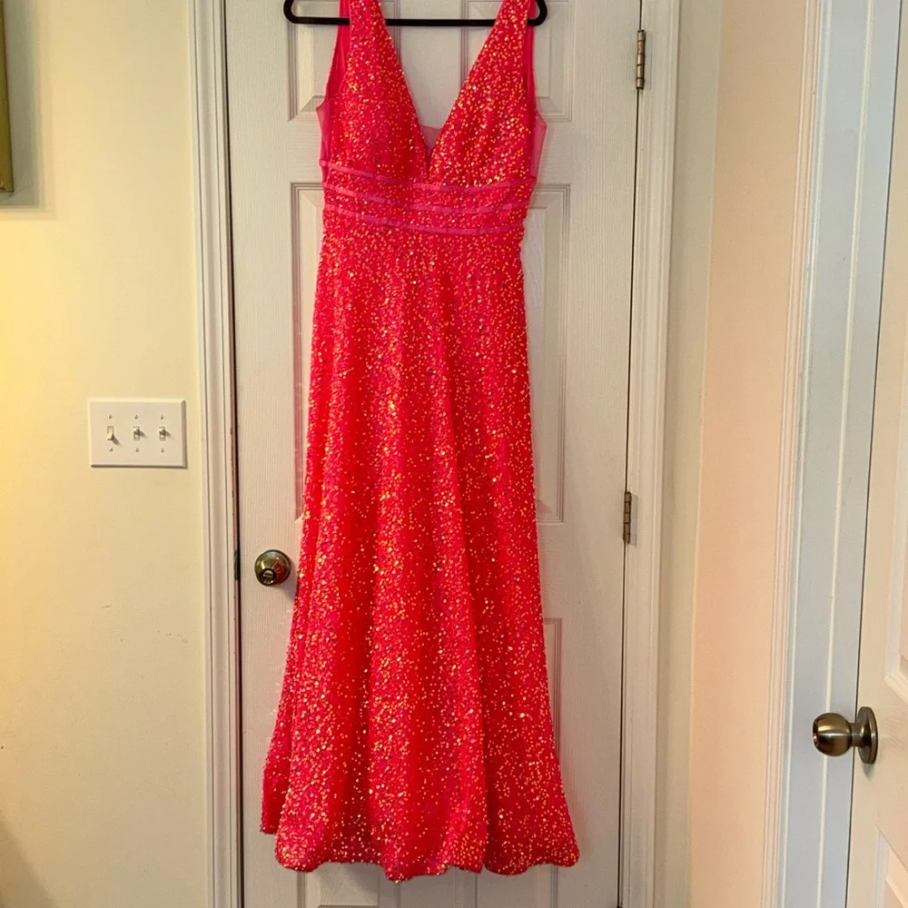 Long Pink Iridescent Sequin Dress V neck - Picture 1 of 6